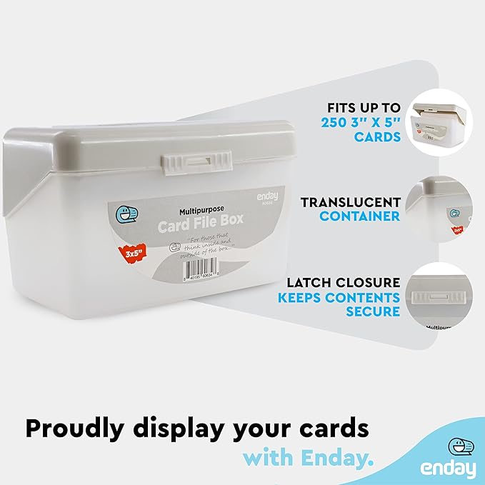 Enday Index Card Box Grey 3x5 Index Card Holder, Index Card Organizer, Flash Card Holder, Holds 250 Cards.