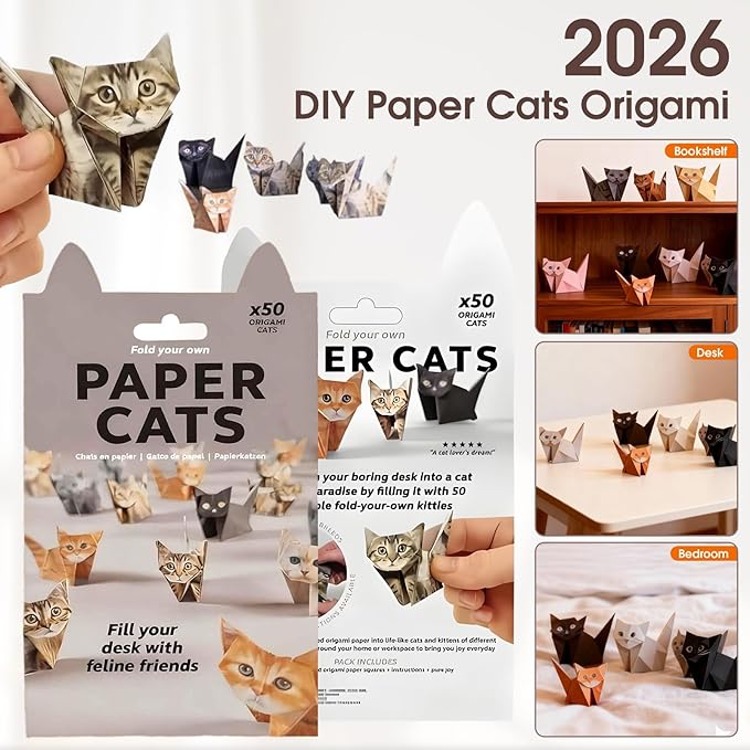 DIY Origami Paper Cats Kit, 50 Sheets Pre-Printed Paper cats with Cat Designs, Paper cats origami Fun Craft Activity for Adults, Creative Desk Decor and Gift for Cat Lovers