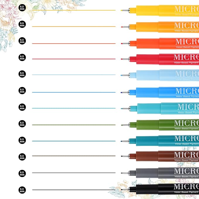 Thboxes Fineliner Pens Set, 12 Colors, 0.5mm Micro Tip, with Pouch
