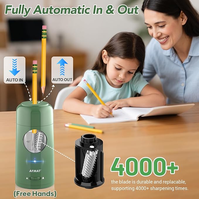 AFMAT Electric Pencil Sharpener, Rechargeable Fully Automatic Pencil Sharpener for Jumbo & Colored Pencils (7-11.5mm), Auto in/Out, Hands-Free, Portable for Home/Classroom/Office PSX6(Green)