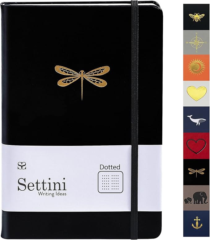 SETTINI Dotted Journal, Ideal for Bullet Journaling - A5 Vegan Leather Notebook, 192 Archival-Quality Pages, QuillEase Bleed-Free Paper, Inner Pocket & Bookmark - Dragonfly Gifts for Women, Black Dragonfly