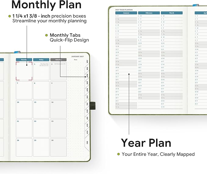 2026-2027 Weekly and Monthly Planner (July 2026–December 2027), 6.5"x8.5", Vertical Layout, 18 Months Agenda with Month Tabs & Pocket, Academic Calendar with Vegan Leather Cover,Green
