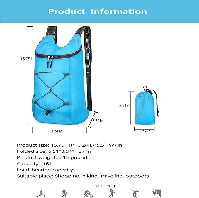 levayhill 16L Lightweight Foldable Hiking-Backpack Small Packable-Daypack For Travel,Ultralight Water-Resistant Gym Bag Men Women Easy Carry-on (Blue)