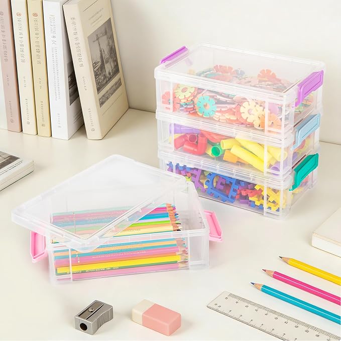 Large Plastic Clear Hart Pencil Box Case For Crayons, Markers, Art Supplies | Hard Pen Case Box With Secure Lid,Stackable Kids Boy Girls Storage Organizer Box For School Classroom Office,Black