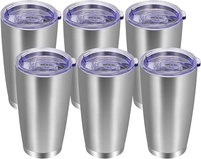 VEGOND 20oz Tumbler with Lid and Straw Stainless Steel Tumbler Cup Bulk Vacuum Insulated Double Wall Travel Coffee Mug Powder Coated Coffee Cup, Stainless, 6 Pack