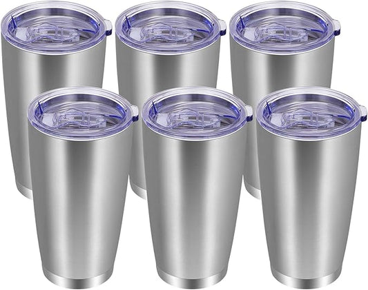 VEGOND 20oz Tumbler with Lid and Straw Stainless Steel Tumbler Cup Bulk Vacuum Insulated Double Wall Travel Coffee Mug Powder Coated Coffee Cup, Stainless, 6 Pack