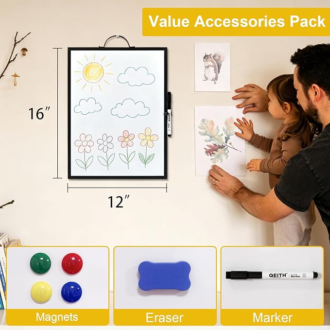 Small White Board,16"X12"Portable Aluminum Frame Whiteboard, Magnetic Double Sided Dry Erase Board, with A Handle and Side Pen Clip,for Office, Home,School,Includ 4 Magnets,1 Eraser,1 Marker (Black)