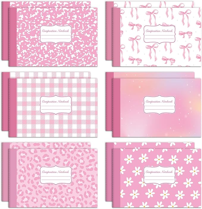 12 Pack Half Size Composition Notebooks Wide Ruled Marble Journal, Pink