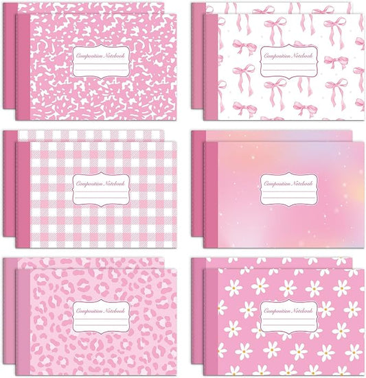 12 Pack Half Size Composition Notebooks Wide Ruled Marble Journal, Pink