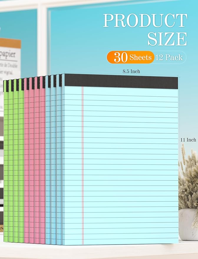 Zaviko 12 Pack Colored Legal Pads 8.5 x 11, Colored Note Pads 8.5 x 11 Wide Ruled Note Paper 8 1/2 x 11, Writing Pads 8.5x11 Colored Notepads, Colorful Legal Pads 8.5x11 Paper Pads, 30 Sheets/Pad