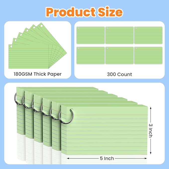 300 Count Green Index Cards 3x5 Inch with Ring, Heavy Weight Flash Cards, Note Taking Supplies, Portable Note Cards, Study Flashcards for Students & Teachers, Office Home School Study Supplies