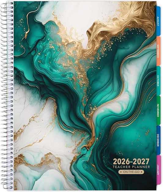LITE TEACHER PLANNER - Aug 2026-Jul 2027, 8.5" x 11" Daily Weekly Monthly Organizers - Includes 7 Periods, Dated Calendar, Page Tabs, Bookmark, and Planning Stickers (Teal Gold Marble)