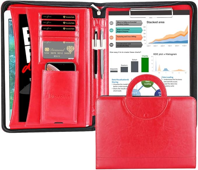 Darolin Vegan Leather Padfolio Portfolio with Handle & Clipboard, Zippered Business Portfolio Organizer for Meetings, Interviews & Travel, Fits A4 & Letter Size, Padfolio for Men Women (Red)