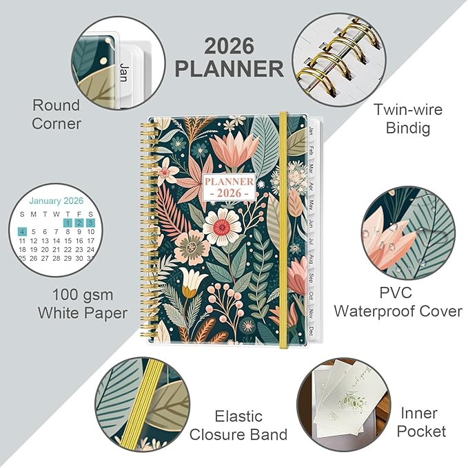 2026 Planner - Weekly Monthly Planner 2026 from January 2026 to December 2026 with 12 Monthly Tabs, Flexible Cover, Inner Pocket, 8.5" x 11", Flower-C