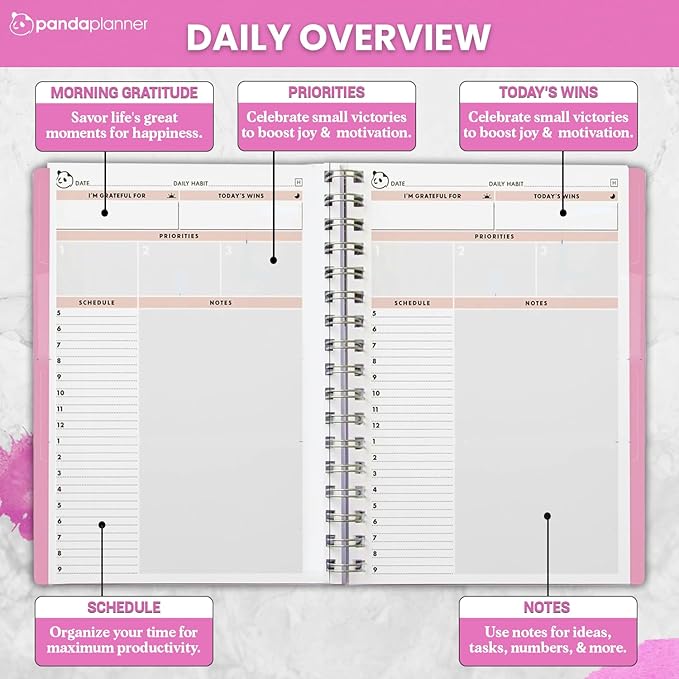 Panda Planner 2026 Undated Daily Planner with Hourly Schedule 5.75" x 8.25" – 90 Days Daily Journal with Spiral Binding – To Do List Notebook with Habit Tracker for Home/Office Supplies – Pink