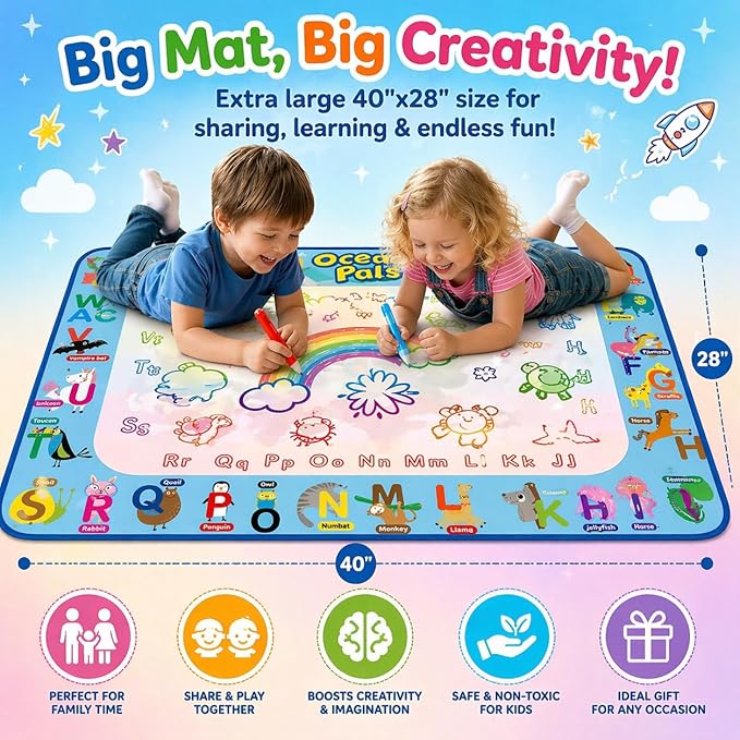 Water Doodle Mat for Kids, Large 40 x 32 Aqua Magic Reusable Drawing Mat, Mess Free Coloring & Writing Toy, Educational Gift for Toddlers Boys Girls