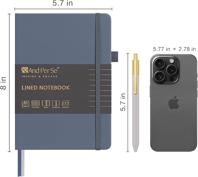&And Per Se Lined Journal and Pen Set, A5 Leather Hardcover Notebook with Pen & Stationary Set, 160 Pages 100GSM Thick Ruled Paper Journal for Business Work Writing (Dark Blue)