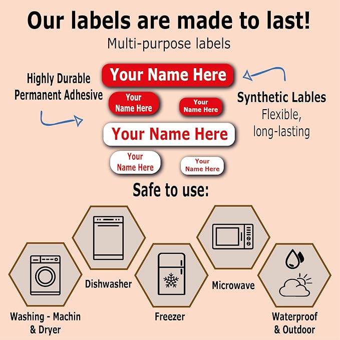 128 Personalized Waterproof Name Labels. Press and Stick Multi use Custom Name Labels. Highly Durable Customized Name Stickers with Permanent Self Adhesive. Great for School, Daycare or Camp