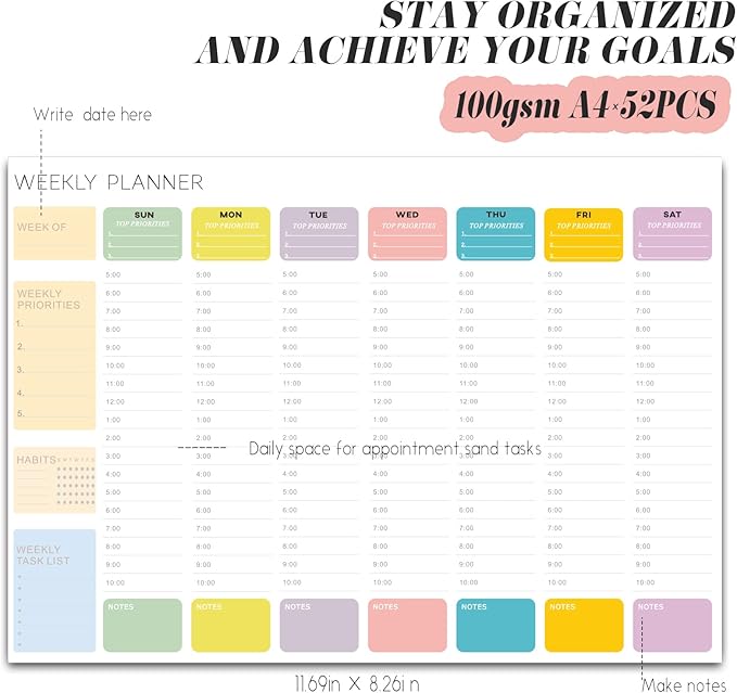 Undated Weekly Hourly Planner Notepad, Tear-Off ADHD Planner,Weekly Planner,Weekly Schedule Planner,Weekly To Do List Notepad(52 Sheets,8.5"x11",Colorful)
