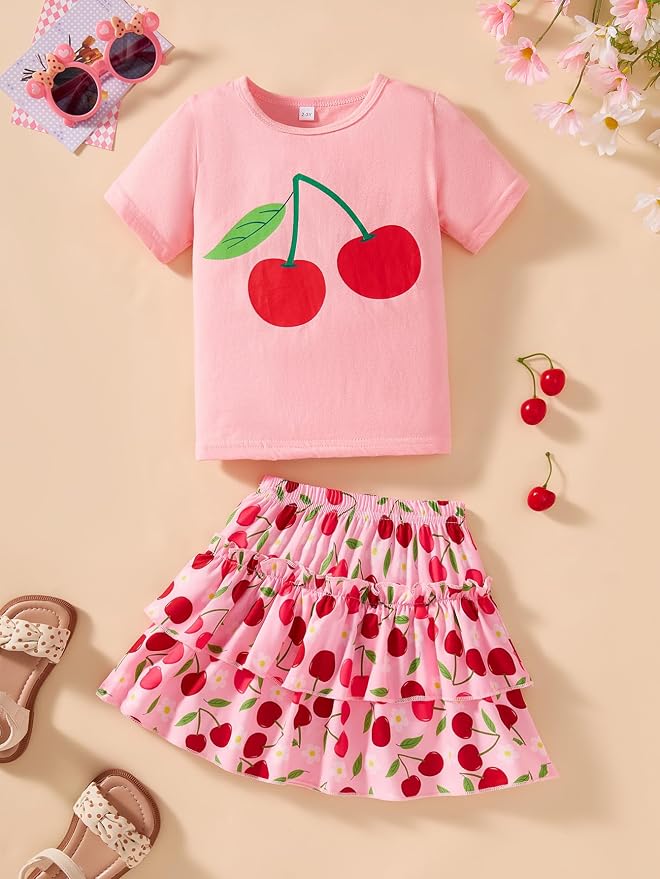 Little Girls Skirt Set - 2 Piece Short Sleeve Top Shirred Tiered Skirt Outfit Girls Spring Summer Clothes 3-8 Years