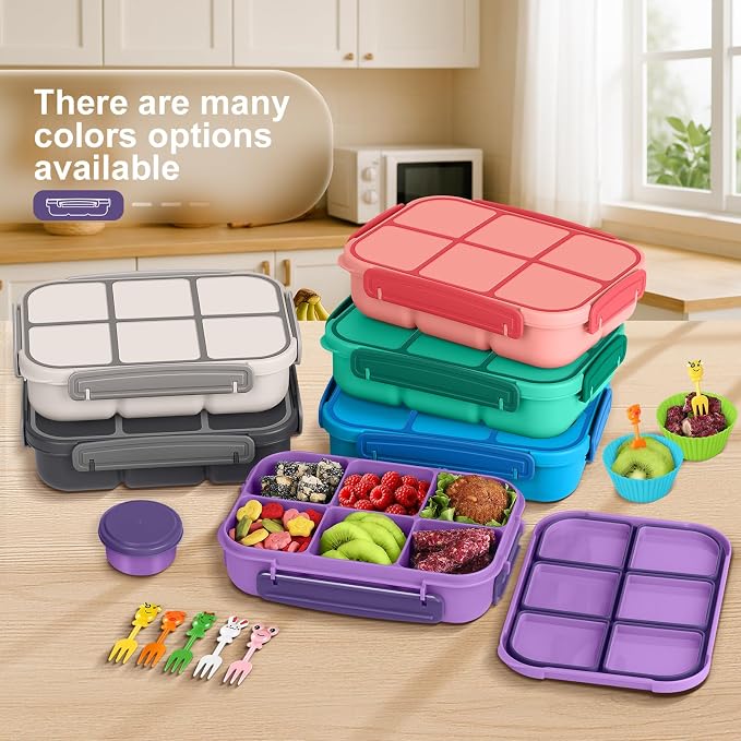Amathley Lunch Box Kids Girls Boys,Bento Box Adult,Toddler Lunch Containers for School,Leakproof Snack Containers with 6 Compartments,Sauce Container,10 Food Picks and 4 Muffin Cups (Purple)