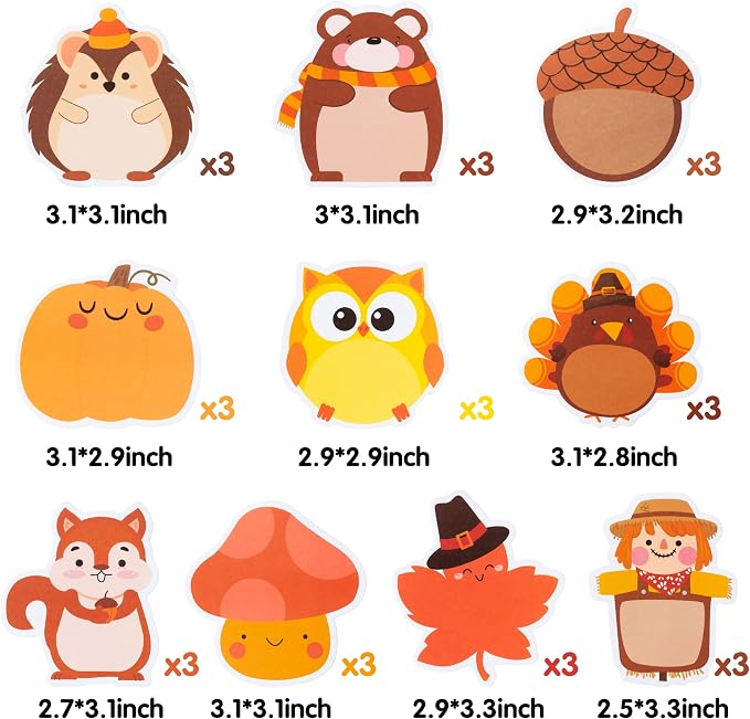 Xqumoi 30 Pack Turkey Pumpkin Sticky Notes, Total 600 Sheets, Cute Thanksgiving Fall Animal Fox Bear Hedgehog Harvest Self Sticky Memo Pads for Office School Classroom Student Kids Autumn Party Favor