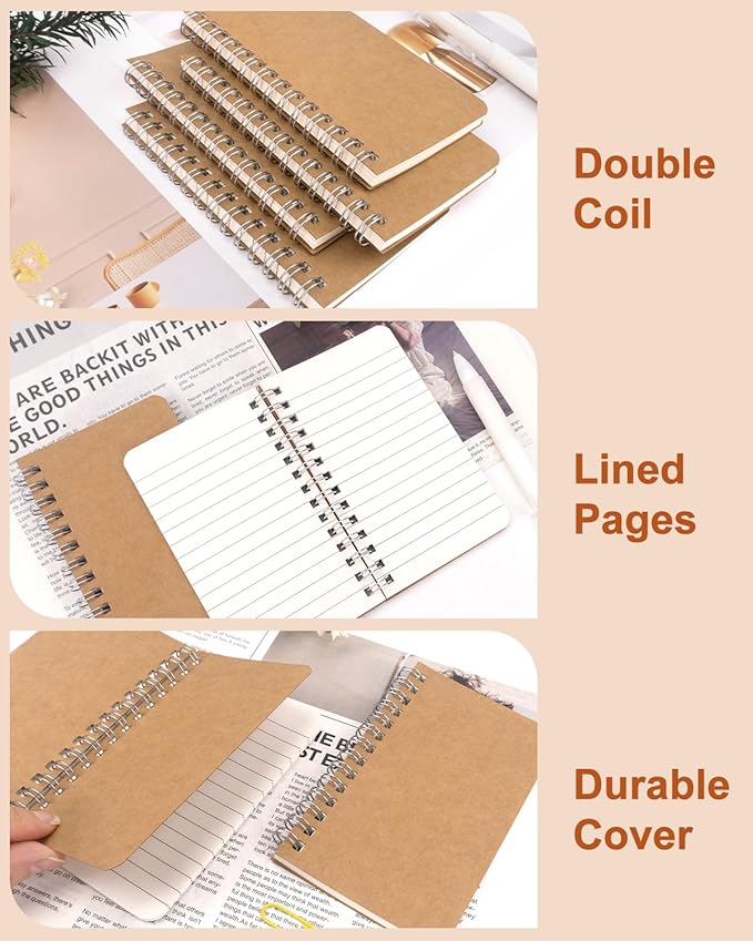 Dynta Pocket Notebooks Mini Notepads 3x5 Bulk, 60 Packs Lined Memo Pads, Small Spiral Notebooks Kraft Cover for Home, School, Office, Men, Women, Kids (60 Sheets/120 Pages)