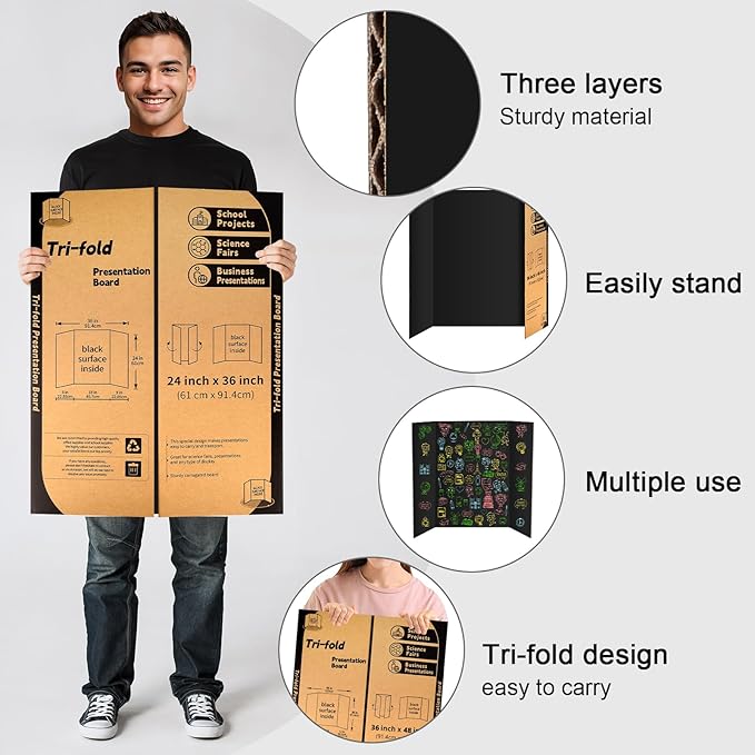 6 Pack Trifold Poster Board 48" X 36", IKAYAS Black Poster Boards, Science Fair Display Boards Posterboards for Mounting, Prints,Art,Display,Projects Classroom Supplies