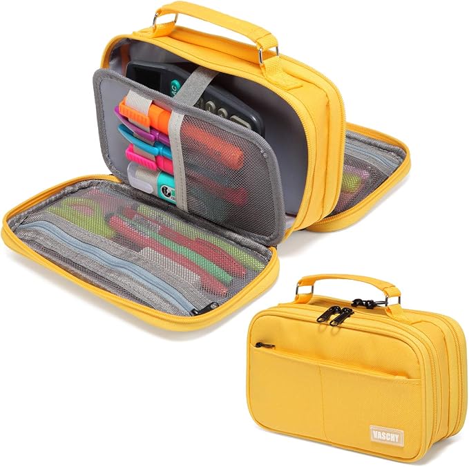 VASCHY Pencil Case, Large Pencil Pouch with Compartments for Middle School,Work,Office Pen Organizer Holder School Supply Yellow