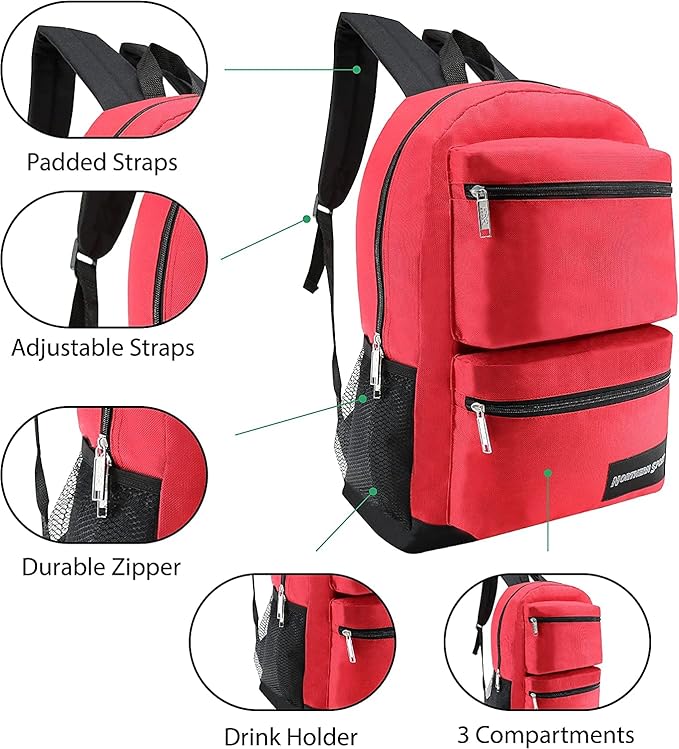6-Pack 19” Sport Backpacks with 18 Piece School Supplies Kits - Pens, Pencils, Crayons - Bulk Bundle for Elementary, Middle, and High School Students, 6 Assorted Styles