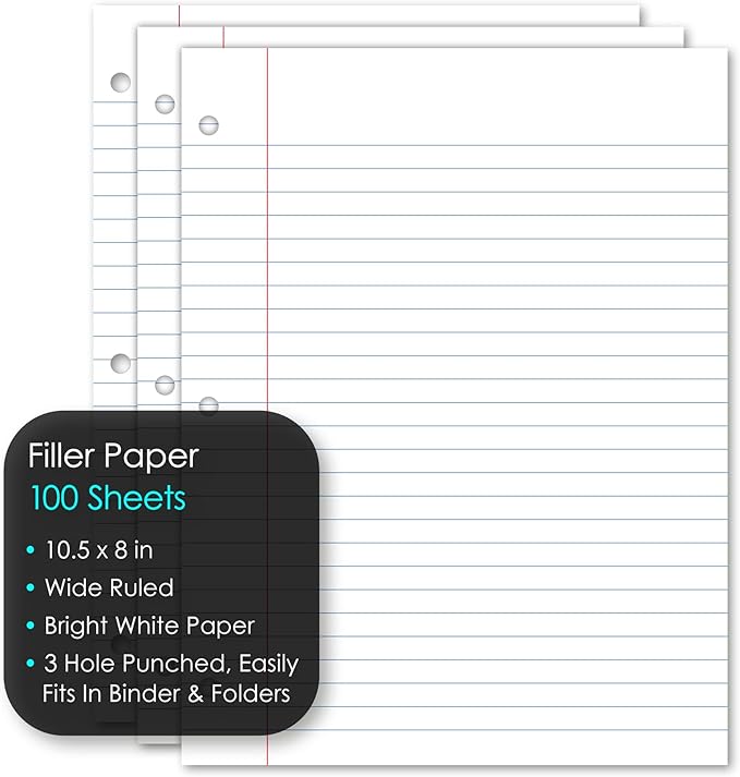 iScholar Wide Ruled Filler Paper, White, 10.5 x 8-Inches, 100 Sheets per Pack (81100)