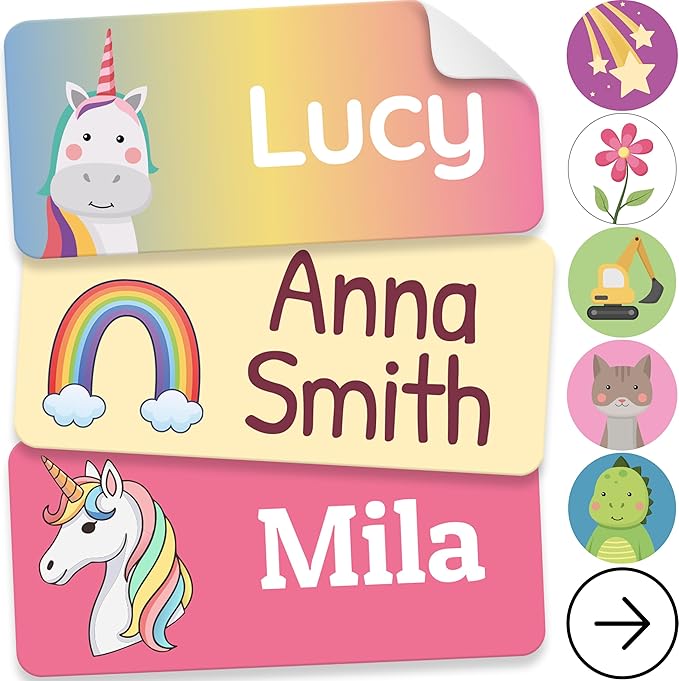 Personalized Name Labels for Kids (70 Labels) - Durable & Waterproof Custom Name Stickers for Clothing Tags, School Supplies, Camp & Daycare - Dreamy Unicorns (1.2”x0.5”)