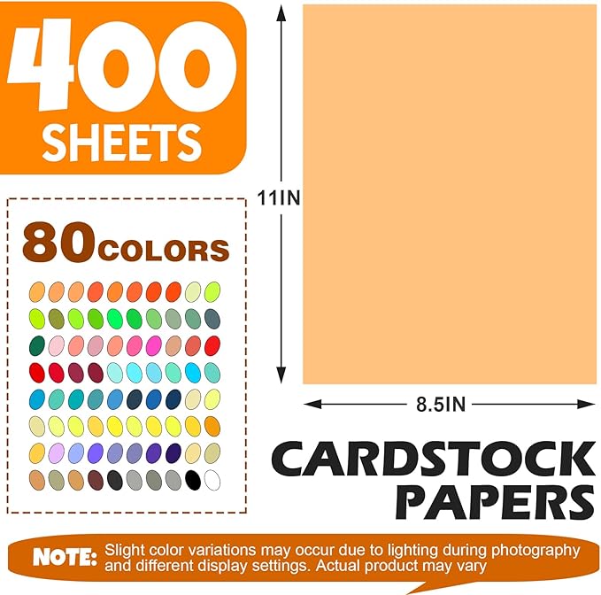 400 Sheets 8.5" X 11" Colored Cardstock, 80 Assorted Colors 180 GSM/65 LB Construction Paper Card Stock Printer Paper for Printing, Card Making, DIY Crafts, Kids School Supplies,Party Decorations