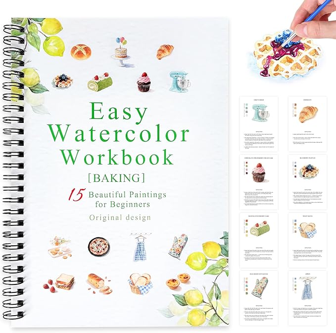 SLWBZ Watercolor Workbook Baking, 15 Different Patterns of Original DIY Designs, 16 Color Watercolor Paint Plates with Palette and Brush, Beginner-Friendly Watercolor Workbooks, Baking