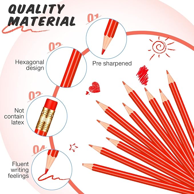 Chinco 12 Pieces Red Pencils with Eraser for Kids HB Erasable Pencils Pre-sharpened Wooden Pencil Correcting for Students School Writing Drawing Checking