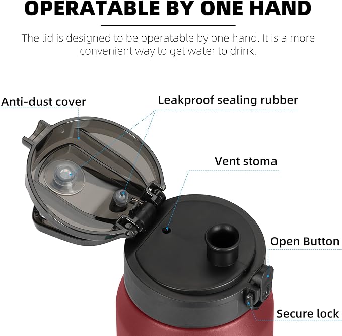Fanhaw 24 oz Insulated Stainless Steel Water Bottle with Anti-Dust Chug Lid, Leakproof Vacuum Metal Everyday Use Bottle for Kids, Teens & Adults, Back to School Essentials (Red Black)