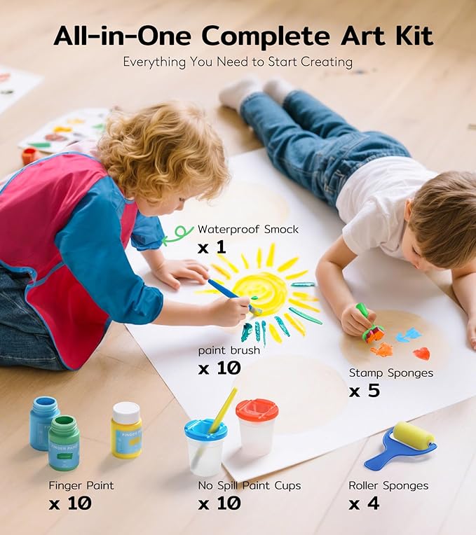 TMOL Washable Paint for Kids, 10 Colors (2 fl oz) 40 Pcs Non-Toxic Finger Paint Kit with Brushes, Sponge, Smock, Toddler Art Supplies for Painting, Craft & School Projects