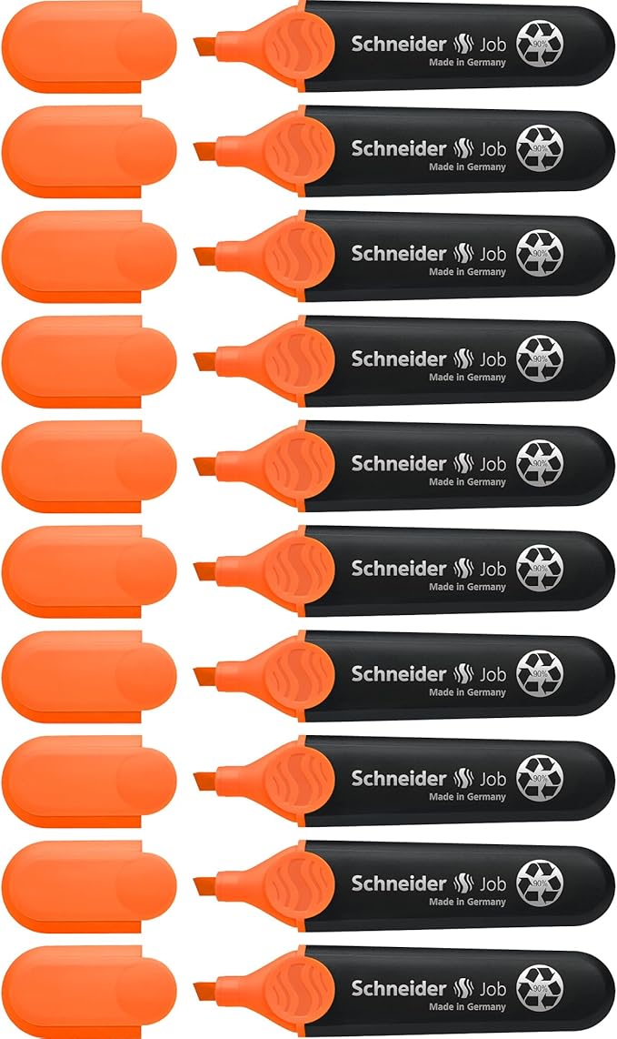 Schneider Job Highlighter, Chisel Tip, 1 + 5 mm, Black Barrel, Orange Ink, Box of 10 Highlighters (1506)