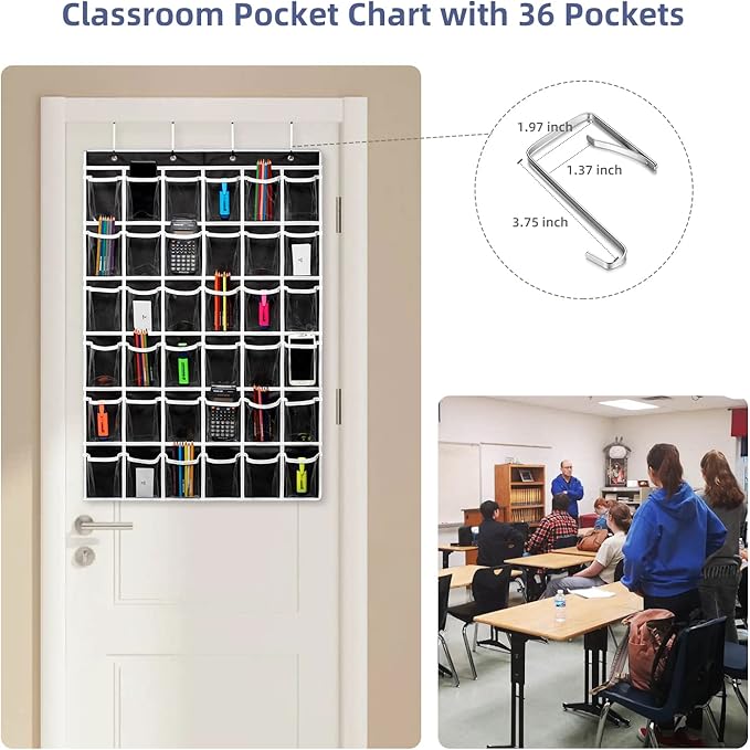 ANSTROUT 36 Clear Pockets Classroom Pocket Chart for Cell Phones,Pocket Chart Organizer for Calculator Holder with 36 Number Sticker Classroom Hanging Cell Phones Organizer (Black)