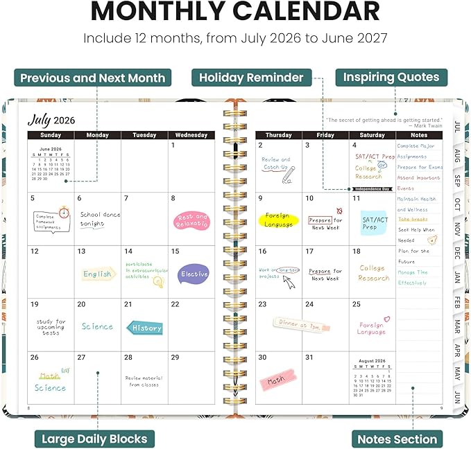Planner 2026-2027, Academic Planner Weekly and Monthly, Jul 2026 - Jun 2027, Spiral Bound School Planning Tool with Tabs and Pocket, Perfect for Students & Teacher, 8.5" x 11", Mushrooms Grove