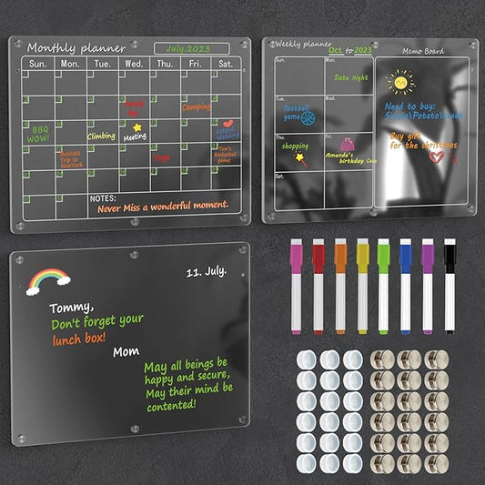 Magnetic Acrylic Calendar for Fridge,3 Pack 11"x15" Clear Fridge Calendar Dry Erase Planning Boards Set Includes 6 Colorful Highlight Markers,Magnetic Pen Holder and Erase Towel