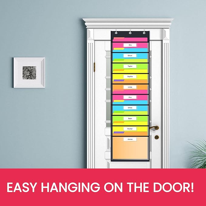 Clear Storage Pocket Chart for Classroom & Office with 10 Nametag Pockets, 3 Overdoor Hangers Included, Hanging Wall File Organizer for File Folders, Assignments, Files, Scrapbook Papers & More