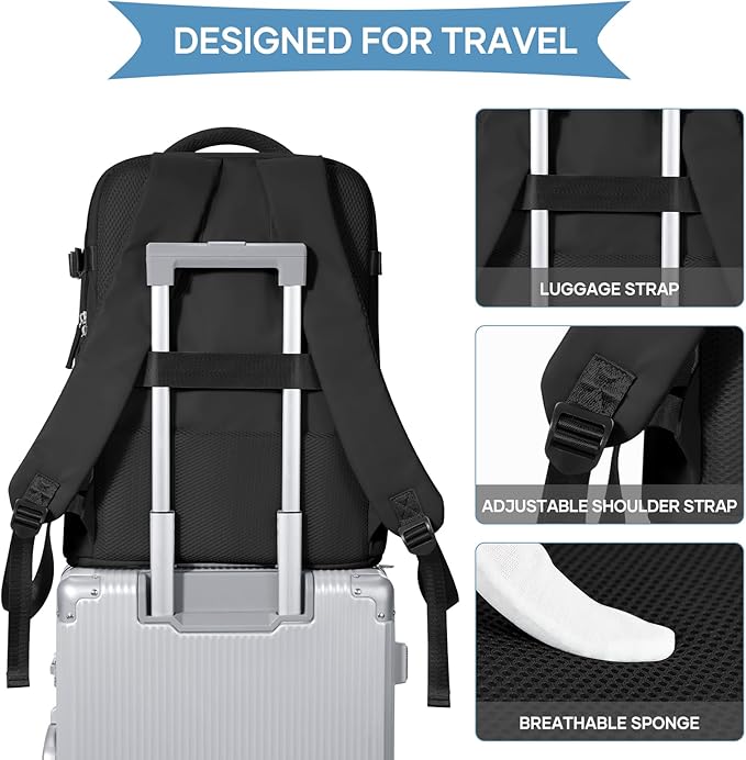 coowoz Travel Backpack For Women Men,Carry On Backpack Flight Approved,Hiking Backpack Water-Resistant Outdoor Sports Rucksack Casual Daypack Fit 15.6 Inch Laptop Shoes Compartment (Black)