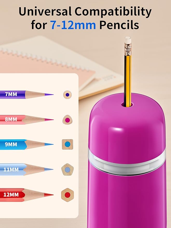 JARLINK Automatic Electric Pencil Sharpener - Hands-Free Operation, 3 Sharpness Modes, 3-Second Sharpening, Rechargeable & Portable for 7-12mm Pencils, Ideal for Classroom and Home Use (Pink)