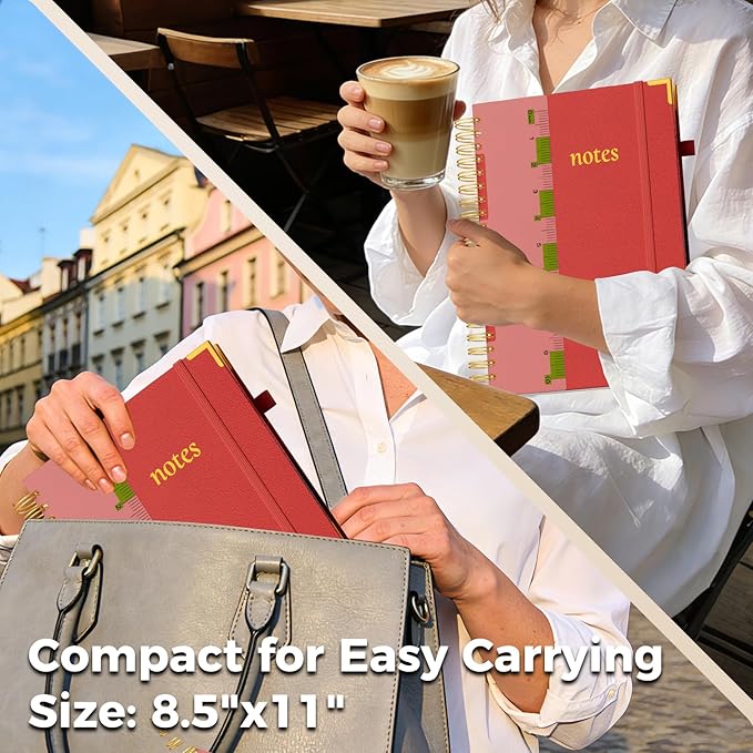 XYark A4 Hardcover Spiral Notebook, 8.5"x11" College Ruled Notebooks with Removable Dividers Tabs & Ruler, 5 Subject Notebook 300 Pages, Large Lined Journal for Women Men School Work Office, Red