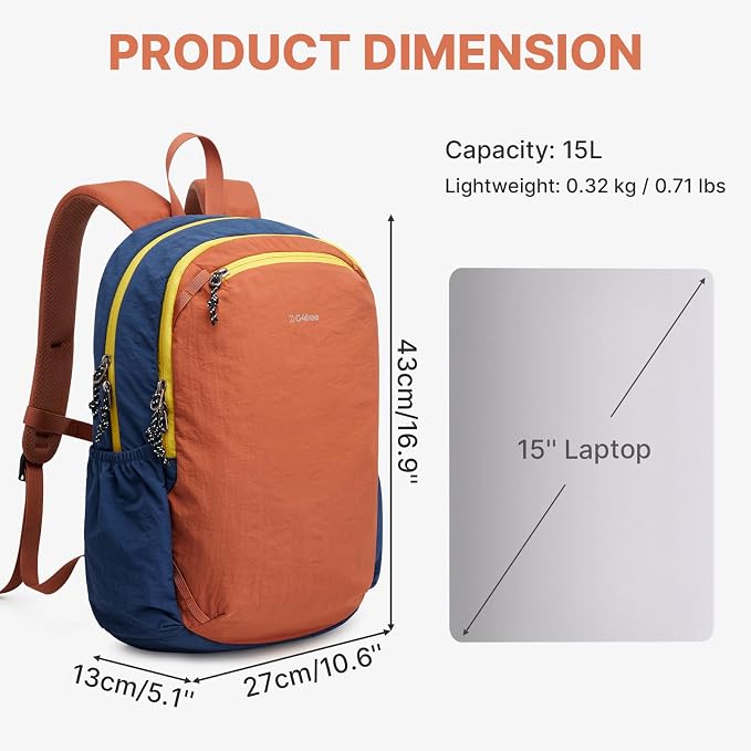 G4Free 15L Hiking Backpack Lightweight Small Daypack for Women Men | Padded Back&Strap, with Chest Strap, for Travel Outdoor Campus, Orange