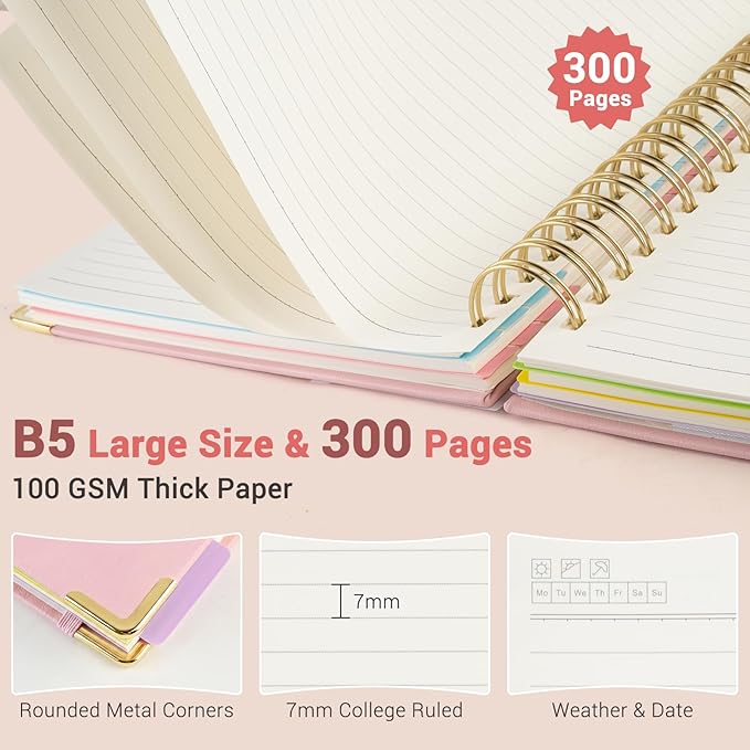 Hardcover Spiral Journal Notebook, 300 Pages 5 Subject Notebook College Ruled with Removable Dividers Tabs, 8" x 10" Notebooks for Work, Spiral Ruled Lined Writing Journal Hardcover Leather Notebook for School (Blue and pink flowers, 8''x 10'')