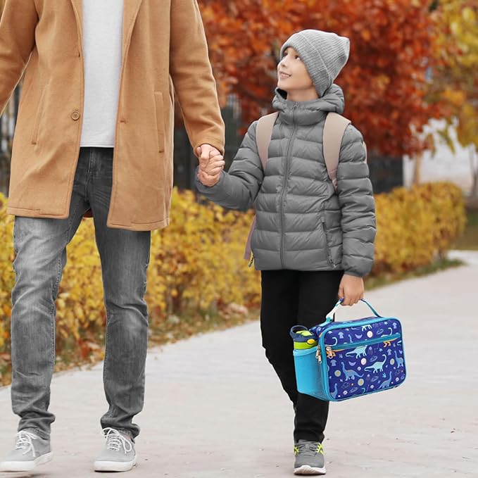 Bagseri Kids Lunch Bag Boys - Thermal Insulated Lunch Box Tote with Water Bottle Holder, Reusable Leak-Proof Kids Lunch Box for Daycare & School, Blue Dinosaur (Containers Not Included)