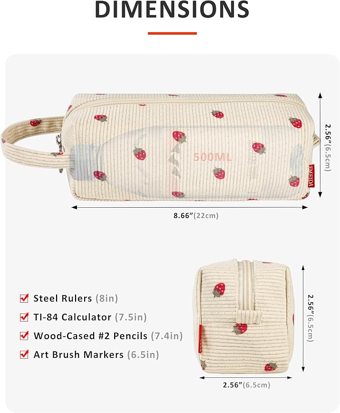 Fmeida Pencil Case Pouch - Soft Corduroy Pencil Pouch Cute Pencil Bag Aesthetic Office Supplies Stationery Pouch with Handle - Strawberry