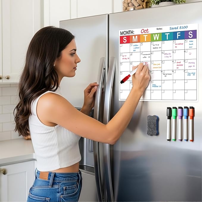 Dry Erase Magnetic Calendar for Refrigerator - Monthly Planner Magnet Whiteboard for Fridge Wall Door - Shopping, Meal/Menu, to Do List, Family Schedule Planning Board with 6 Markers - Colorful